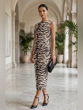 H&M Midi Dress Zebra Print Size L Women’s Black and Cream NWT